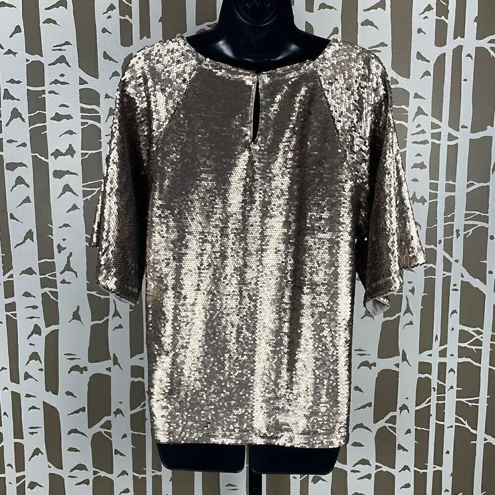 Skies Are Blue Gold Paillette Sequin Half Sleeve Top sz M - Picture 3 of 8
